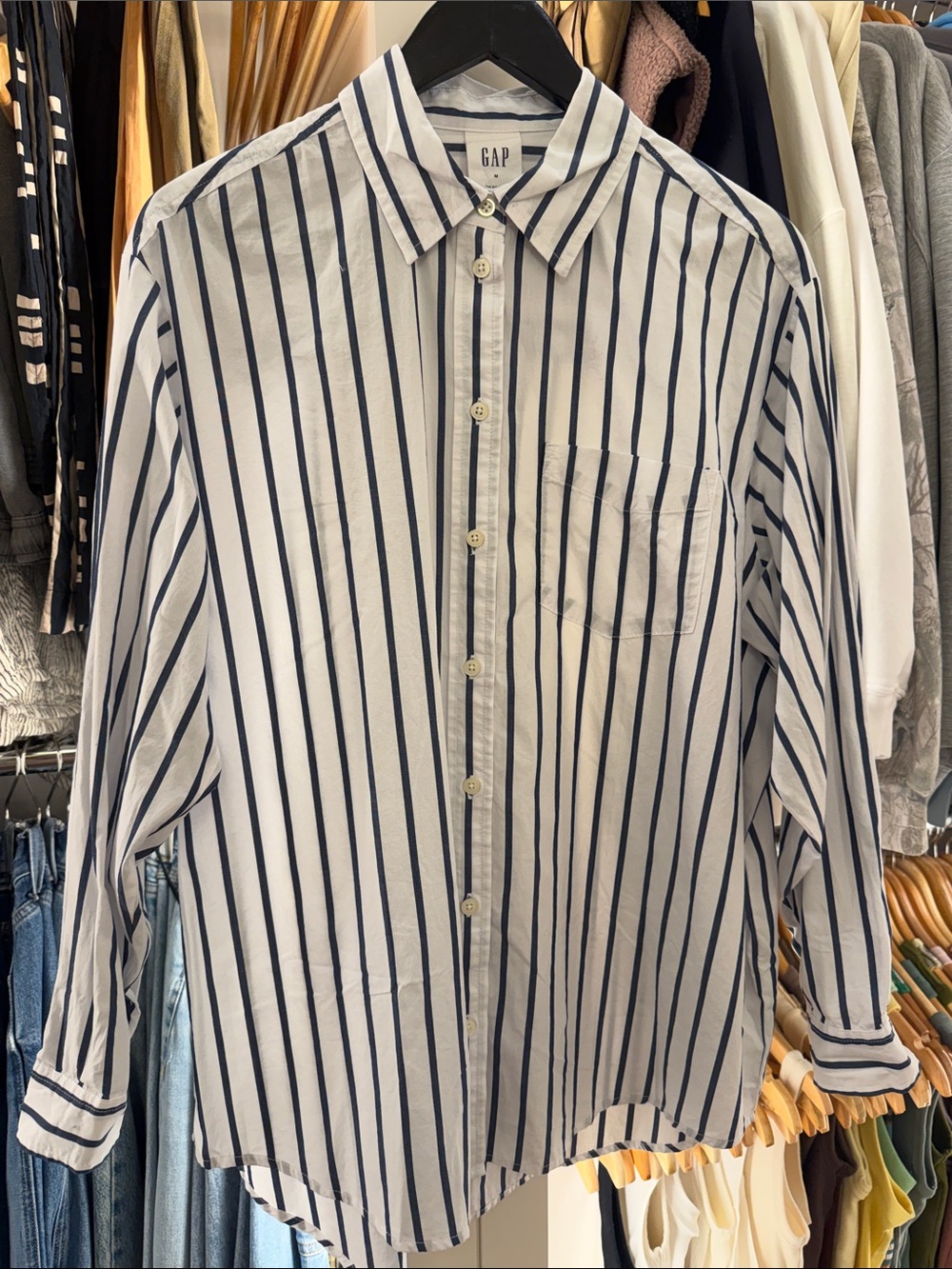 NWT GAP Women’s White Button-Down Shirt with Navy Stripes